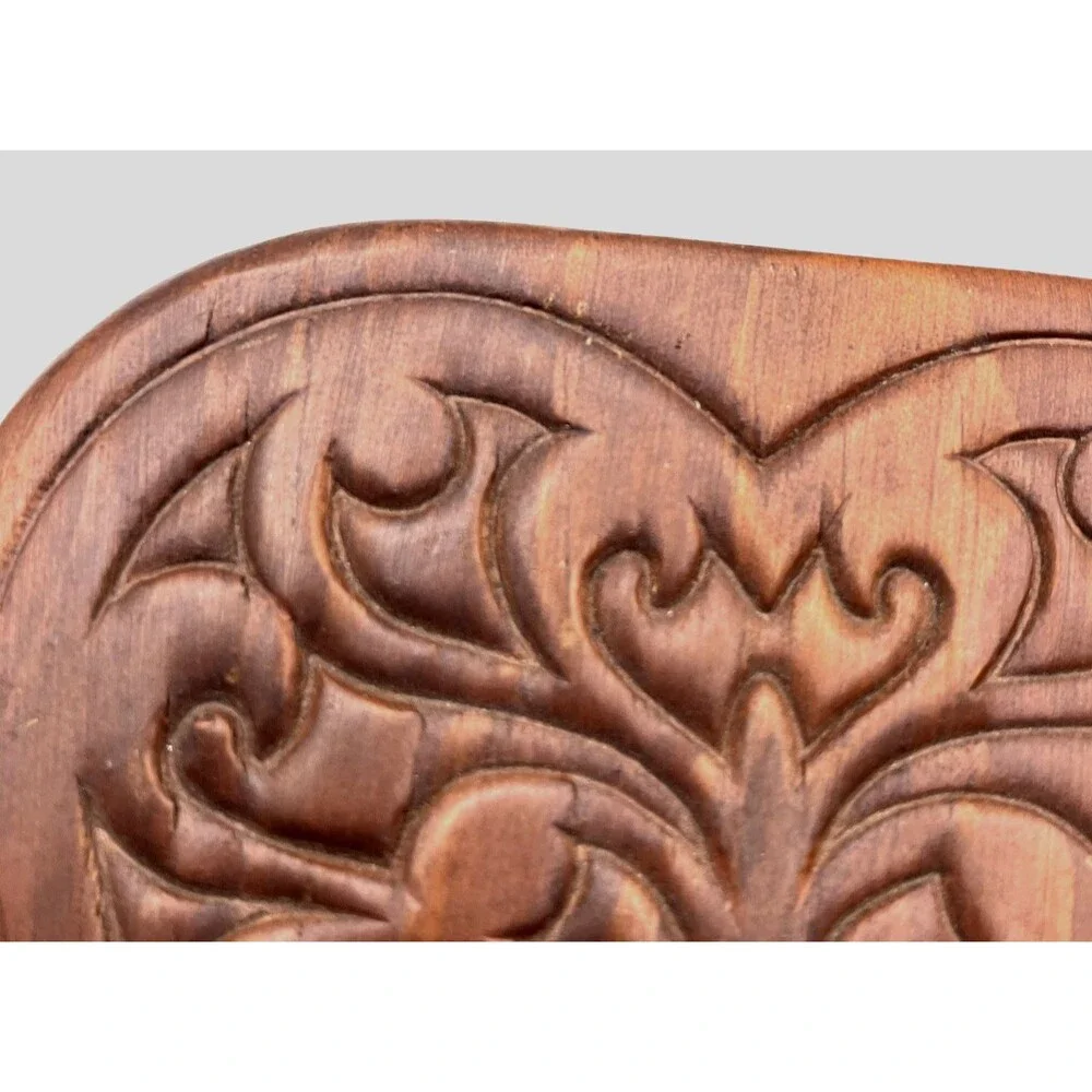 Vintage Handmade Carved Wood Heart-Shaped Trinket Jewelry Box Rustic